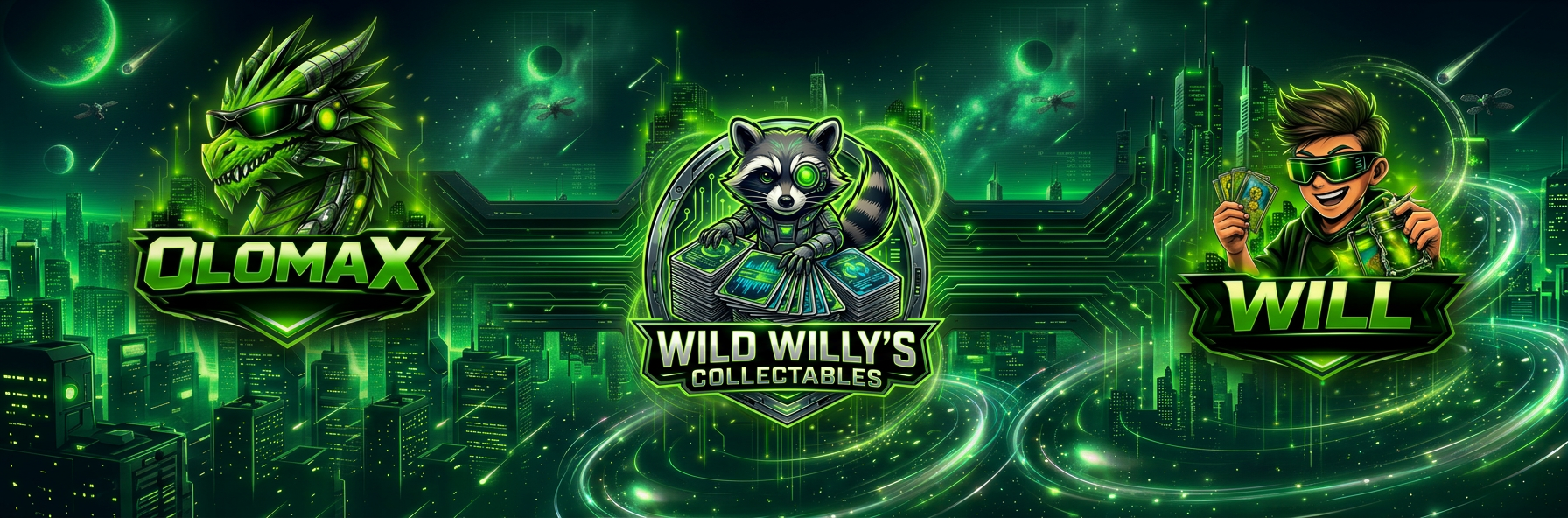 Website header artwork showing Olomax, Wild Willy's Collectables, and Will in a neon green futuristic cityscape